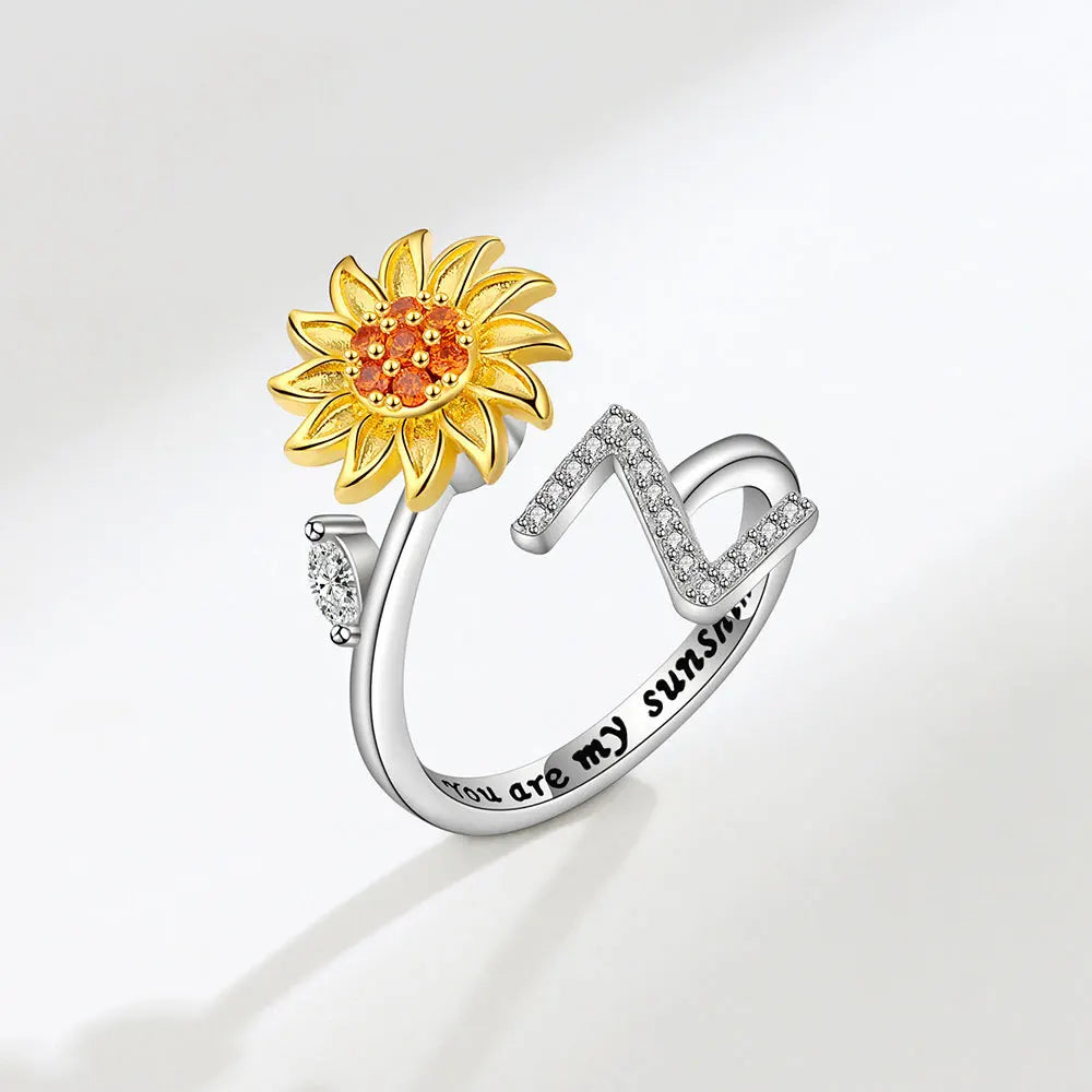 Adjustable Size Sunflower Rotatable Ring Women Personality Zircon 26 English Letter Rings 925 Silver Gold Two Color Ring