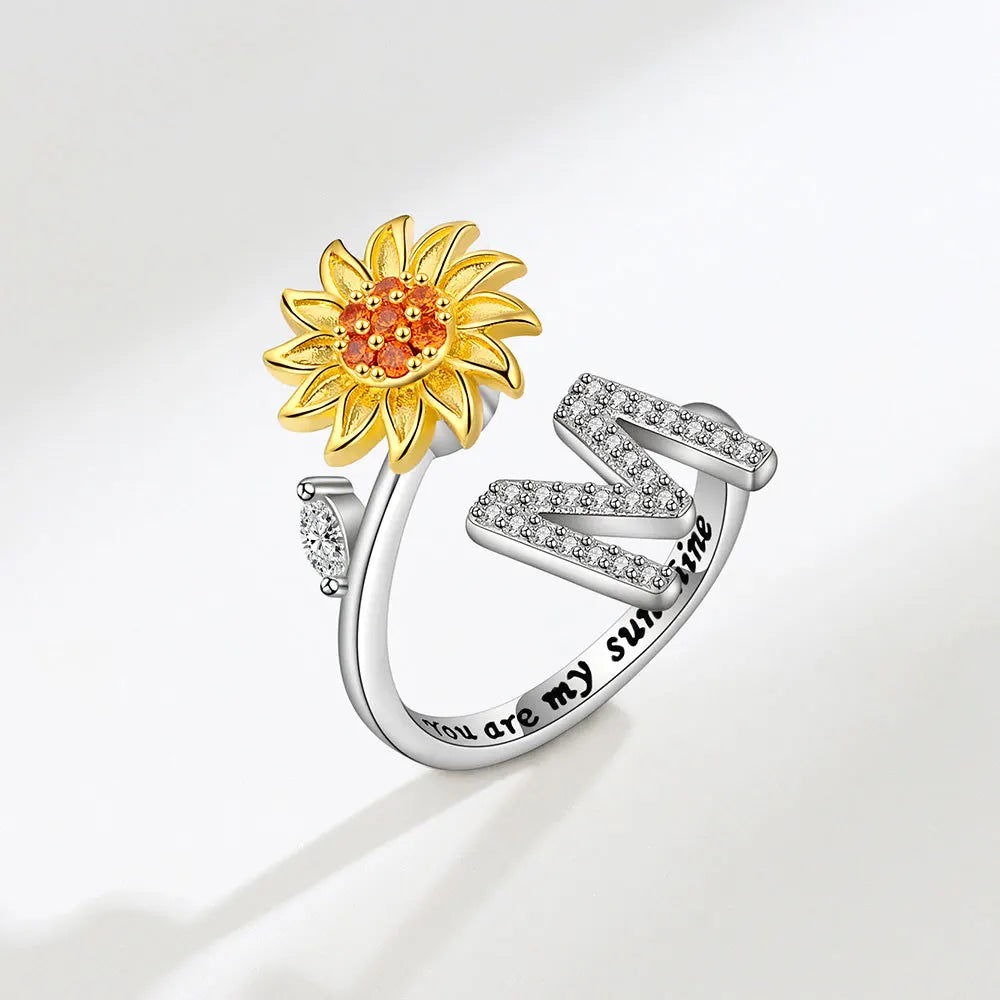 Adjustable Size Sunflower Rotatable Ring Women Personality Zircon 26 English Letter Rings 925 Silver Gold Two Color Ring