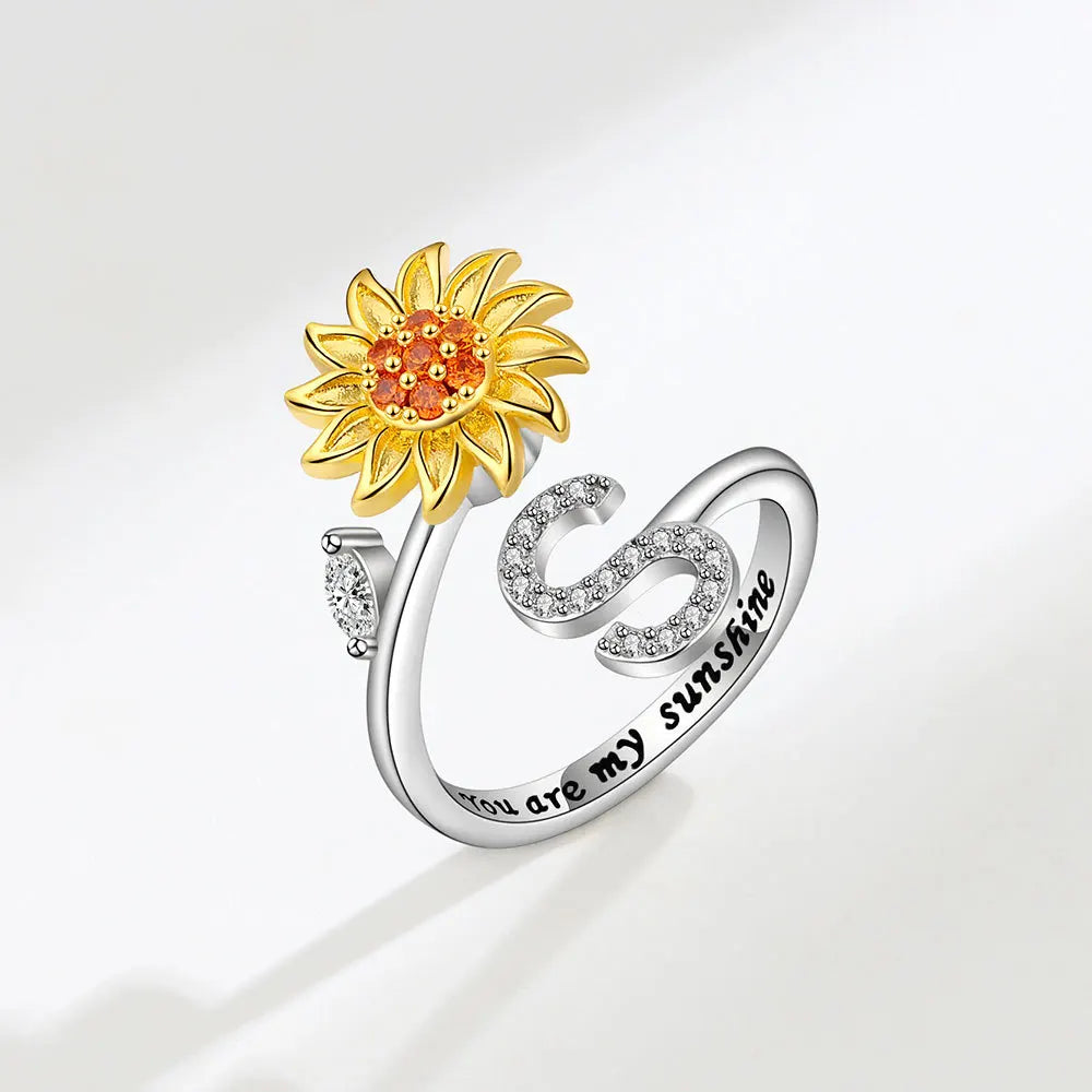 Adjustable Size Sunflower Rotatable Ring Women Personality Zircon 26 English Letter Rings 925 Silver Gold Two Color Ring