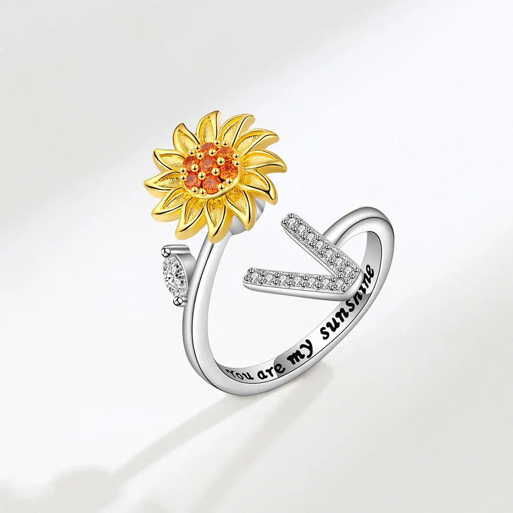 Adjustable Size Sunflower Rotatable Ring Women Personality Zircon 26 English Letter Rings 925 Silver Gold Two Color Ring
