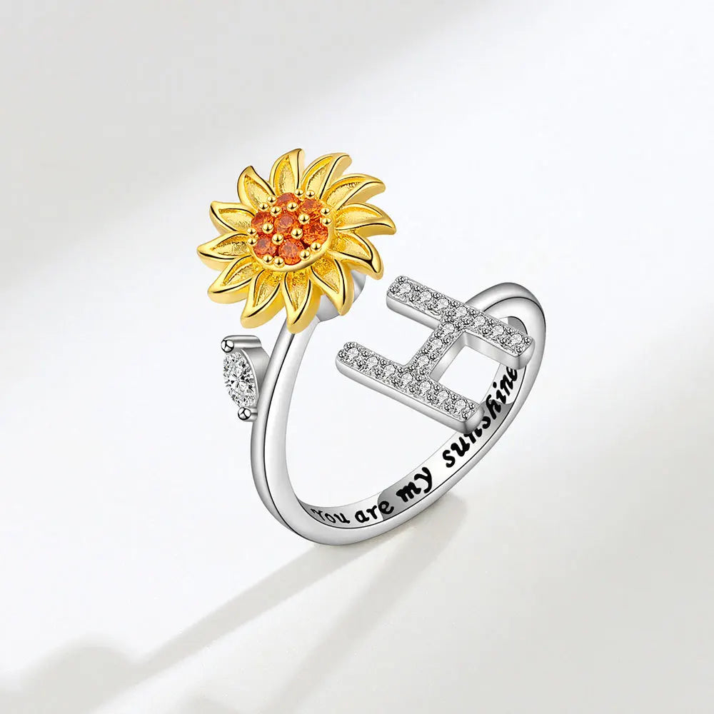 Adjustable Size Sunflower Rotatable Ring Women Personality Zircon 26 English Letter Rings 925 Silver Gold Two Color Ring