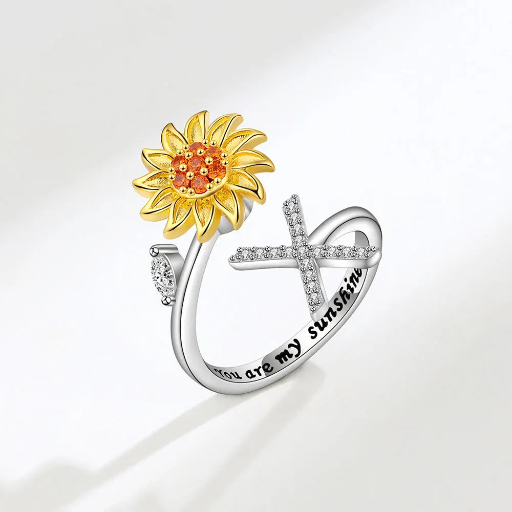 Adjustable Size Sunflower Rotatable Ring Women Personality Zircon 26 English Letter Rings 925 Silver Gold Two Color Ring
