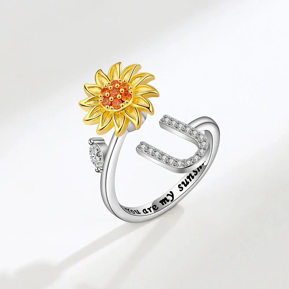 Adjustable Size Sunflower Rotatable Ring Women Personality Zircon 26 English Letter Rings 925 Silver Gold Two Color Ring