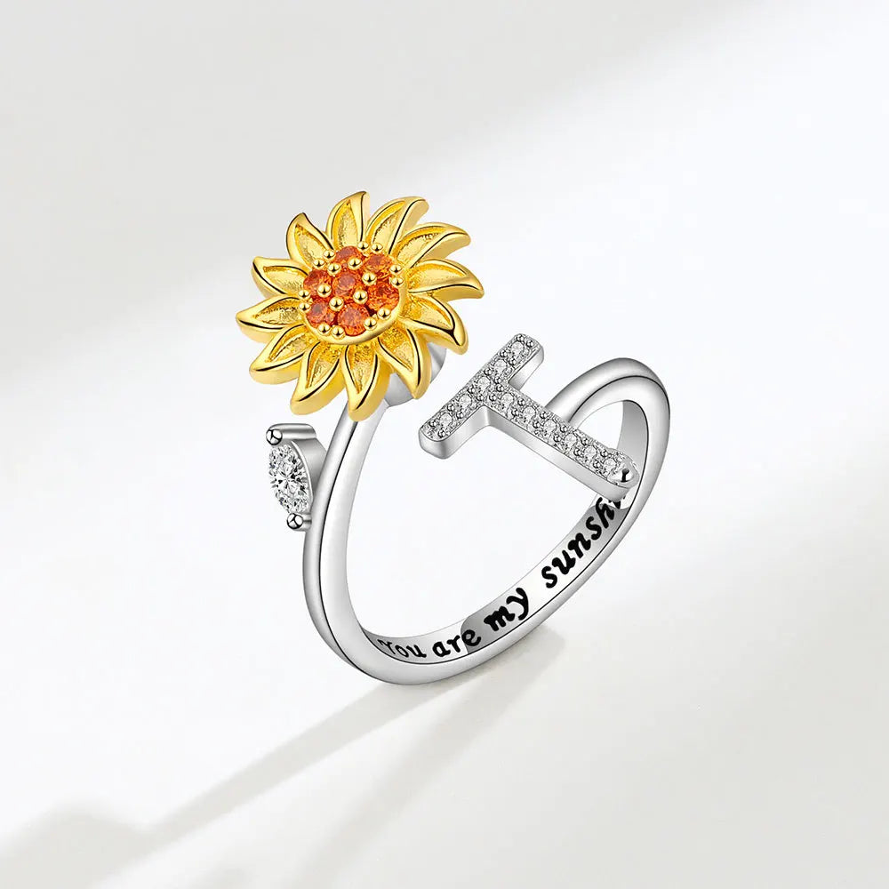 Adjustable Size Sunflower Rotatable Ring Women Personality Zircon 26 English Letter Rings 925 Silver Gold Two Color Ring