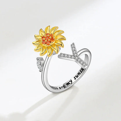 Adjustable Size Sunflower Rotatable Ring Women Personality Zircon 26 English Letter Rings 925 Silver Gold Two Color Ring