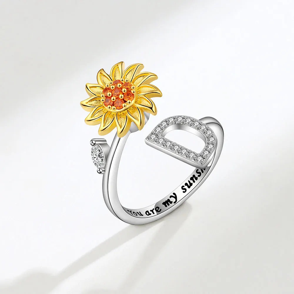 Adjustable Size Sunflower Rotatable Ring Women Personality Zircon 26 English Letter Rings 925 Silver Gold Two Color Ring