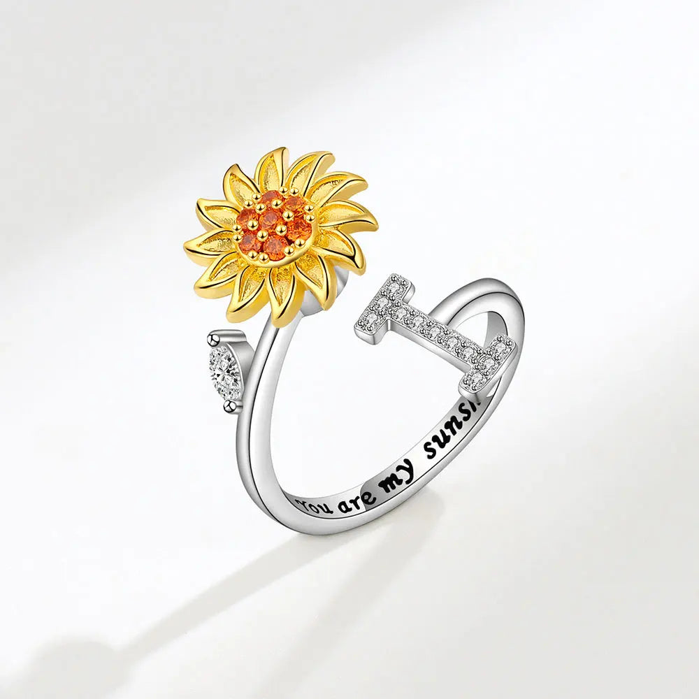 Adjustable Size Sunflower Rotatable Ring Women Personality Zircon 26 English Letter Rings 925 Silver Gold Two Color Ring