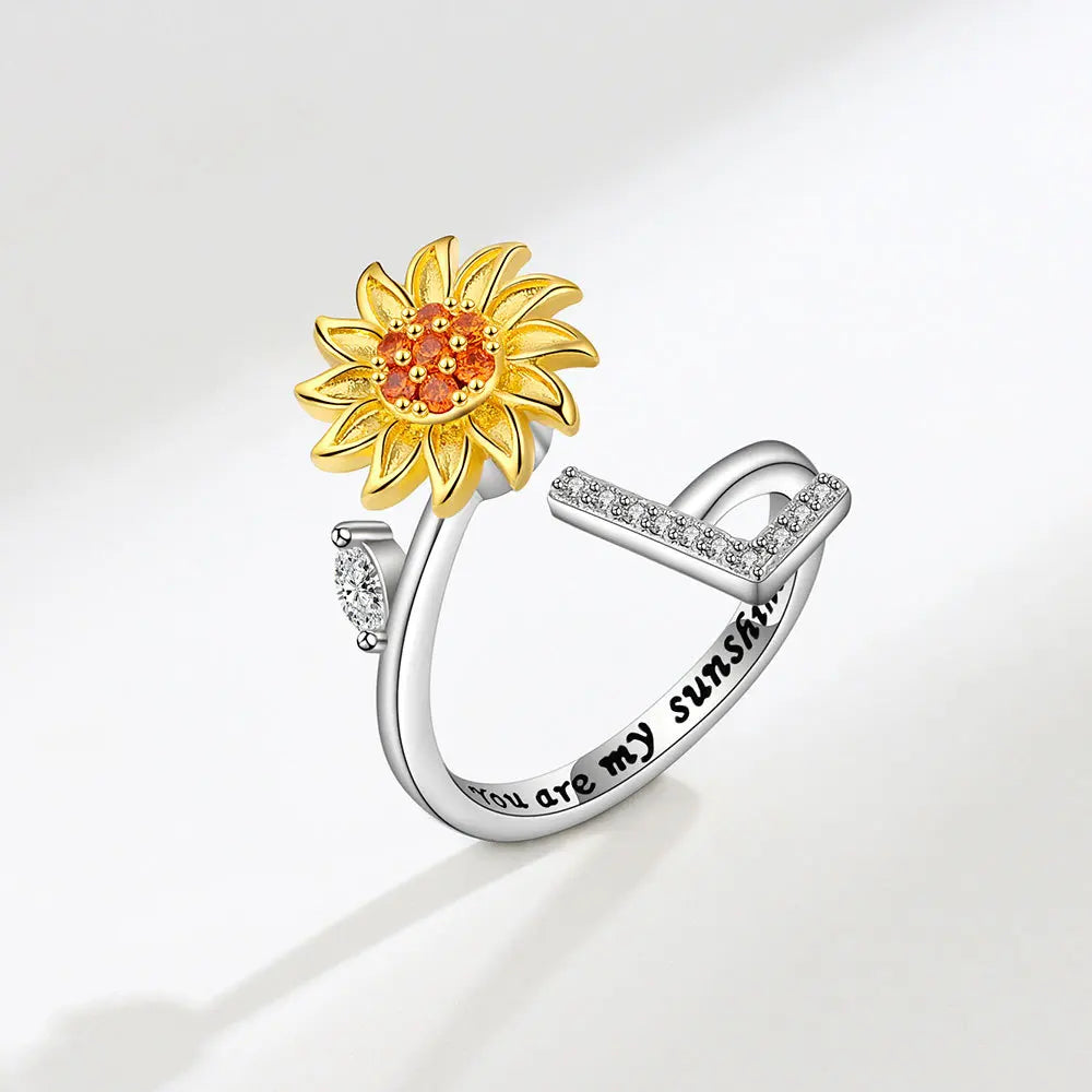Adjustable Size Sunflower Rotatable Ring Women Personality Zircon 26 English Letter Rings 925 Silver Gold Two Color Ring