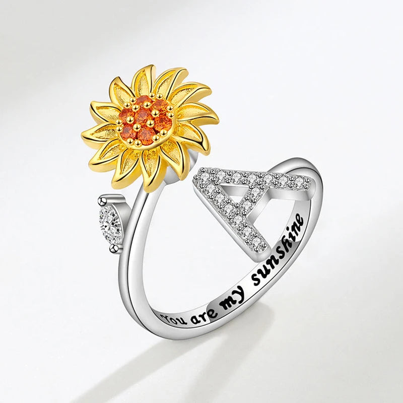 Adjustable Size Sunflower Rotatable Ring Women Personality Zircon 26 English Letter Rings 925 Silver Gold Two Color Ring