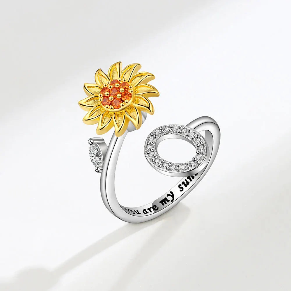 Adjustable Size Sunflower Rotatable Ring Women Personality Zircon 26 English Letter Rings 925 Silver Gold Two Color Ring